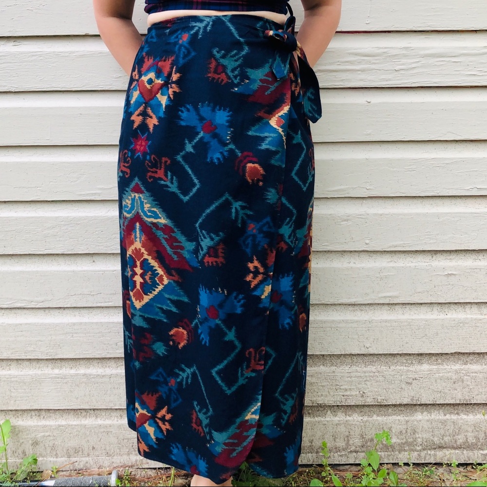 Vintage Tribal Aztec Wrap Skirt Navt Blue Green